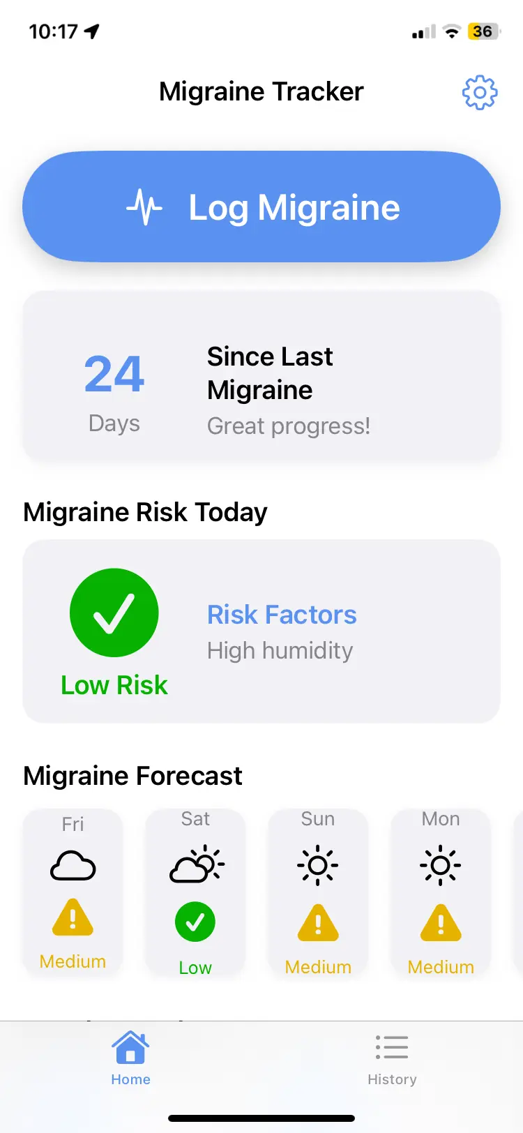 Migraine Weather App Home Screen